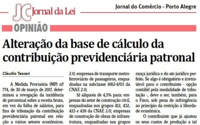 Artigo sobre alteração da base de cálculo da contribuição previdenciária patronal é publicado pelo Jornal do Comércio